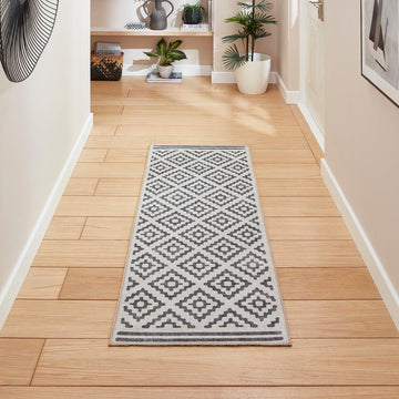Washable Coral H1058 Modern Distressed Geometric Diamond Textured Recycled Lightweight Printed Polyester Flatweave Grey Runner-Think Rugs-Rug Love - The Most Loved Rug Store